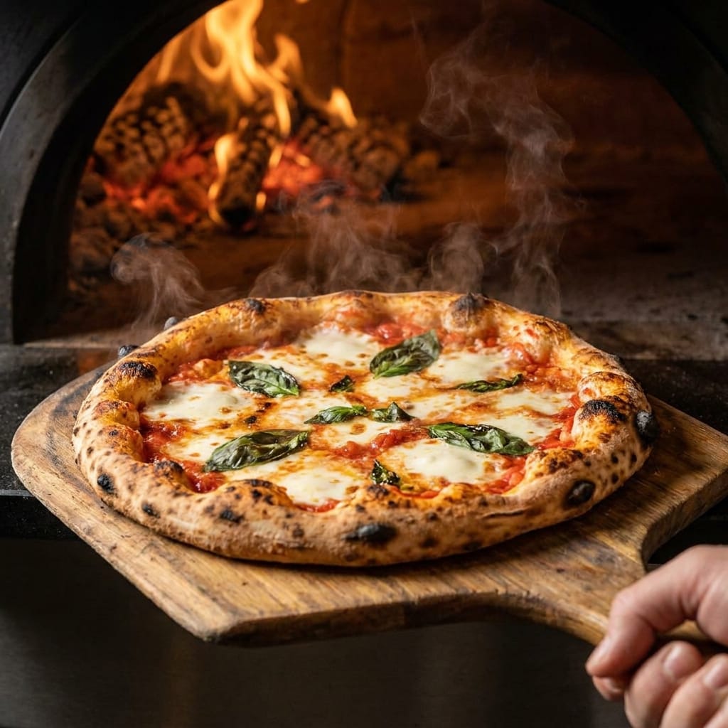 Pizza frisch aus dem Holzofen, Flammen im Hintergrund