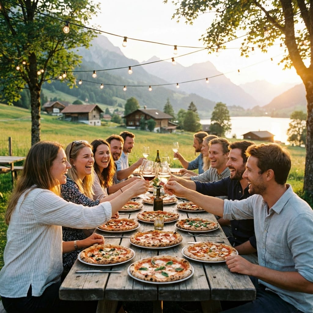 Menschen teilen eine frische Pizza am Tisch